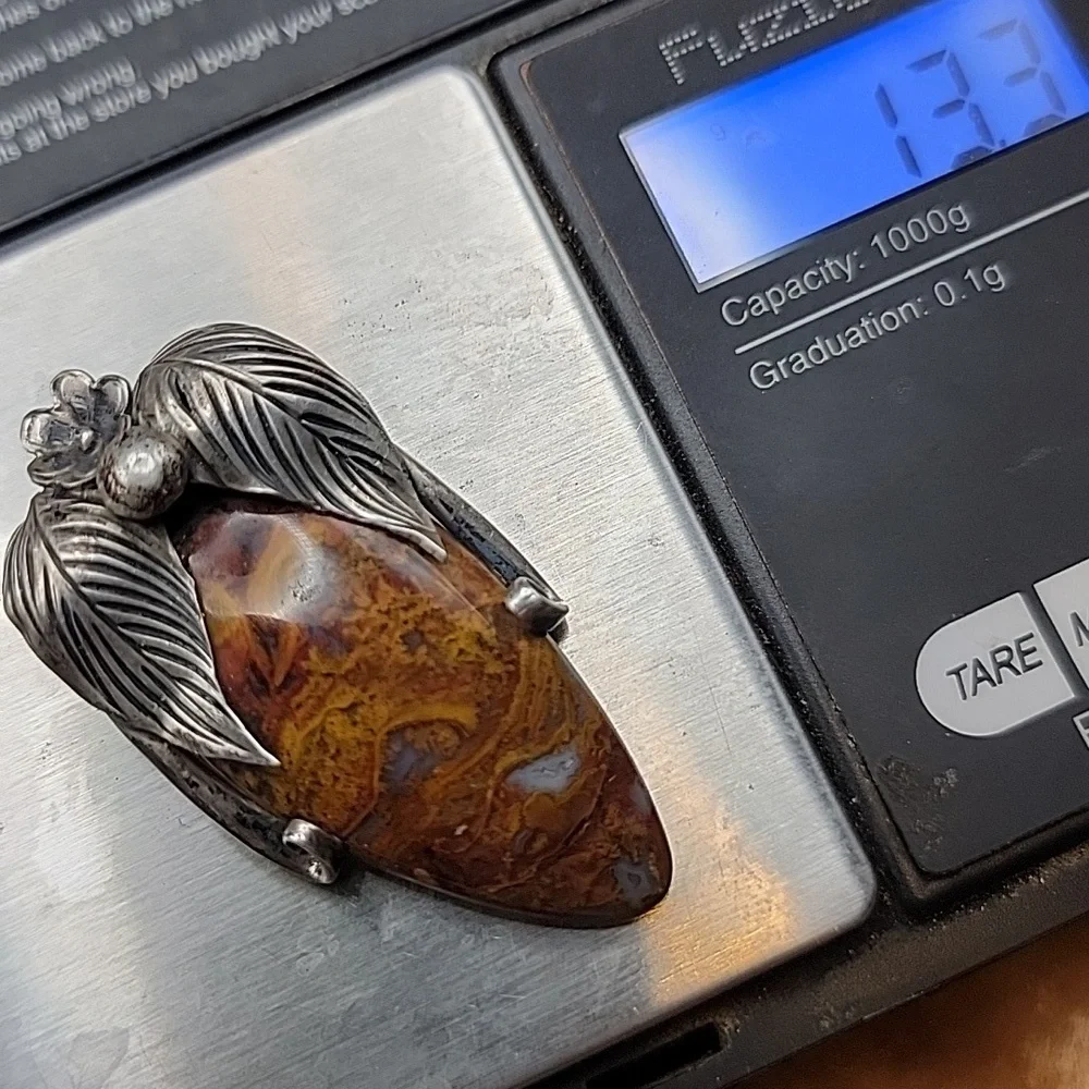 Vintage 925 Sterling Silver Unsigned Moss Mexican Fire Agate Large  Pendant #179